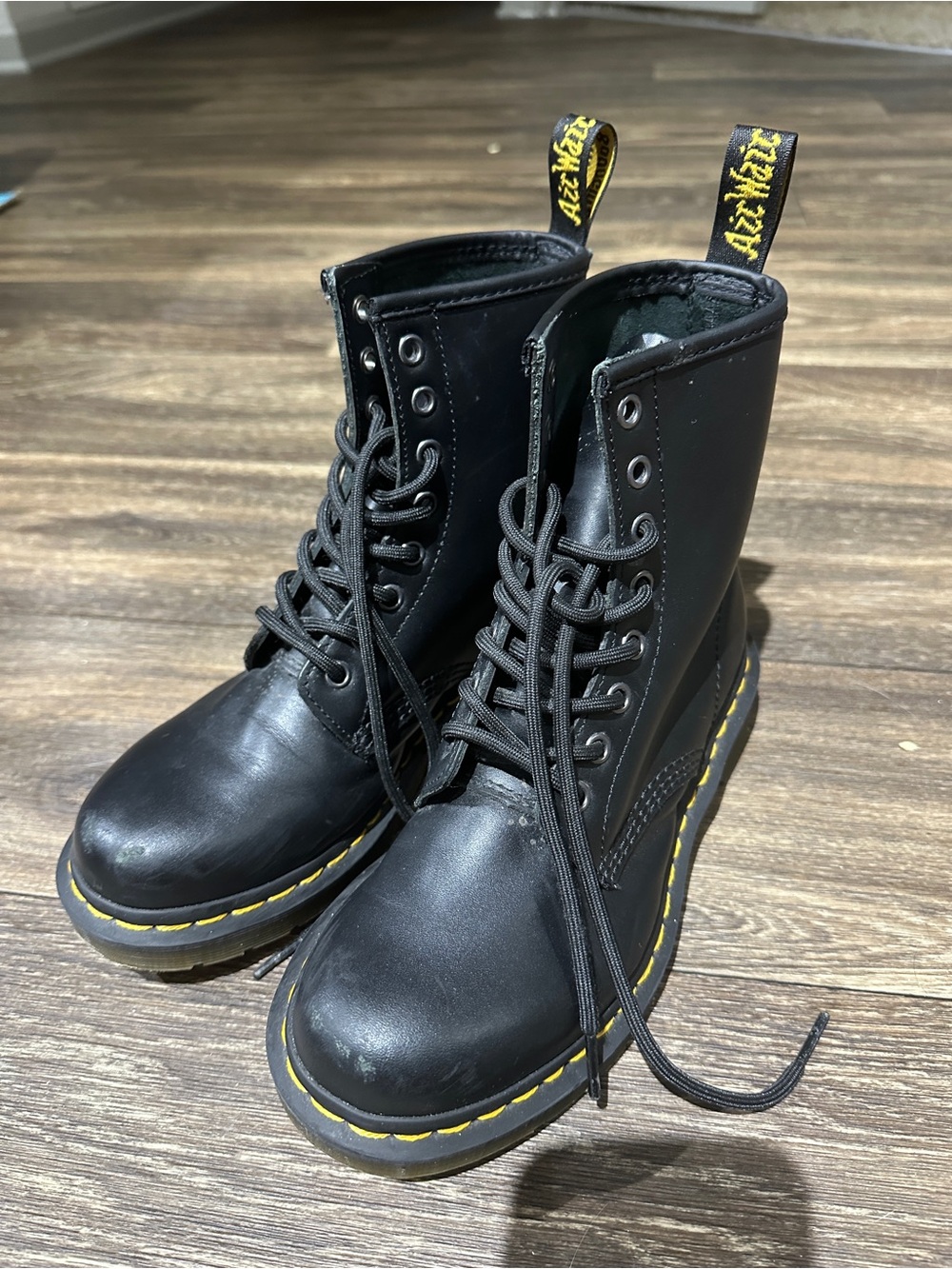 Dr. Martens Black Leather Lace-Up Ankle Boots with Yellow Stitching